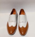 Handmade Leather Shoes Men Two Tone Spectator Tan & White Wingtip Brogue Oxford Leather Dress Custom Wedding Shoes - Image 2