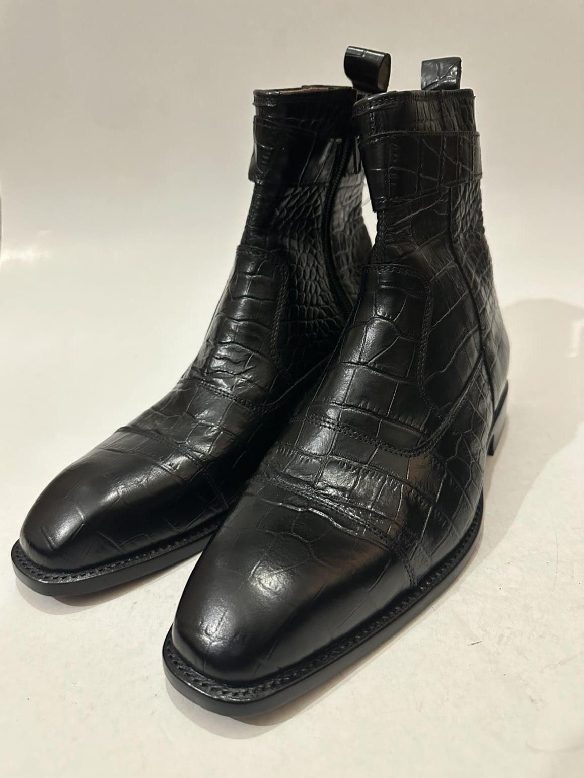 il_fullxfull.7442872304_47db.jpg Men’s Black Crocodile Pattern Leather Boots | Handmade Ankle Boots - Image 1