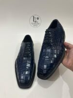 Handmade Leather Shoes Mens Blue Alligator Embossed Oxford Leather Shoes Textured Luxury Boots - Image 7