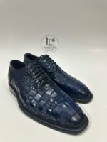 Handmade Leather Shoes Mens Blue Alligator Embossed Oxford Leather Shoes Textured Luxury Boots - Image 4