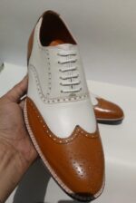 Handmade Leather Shoes Men Two Tone Spectator Tan & White Wingtip Brogue Oxford Leather Dress Custom Wedding Shoes - Image 3
