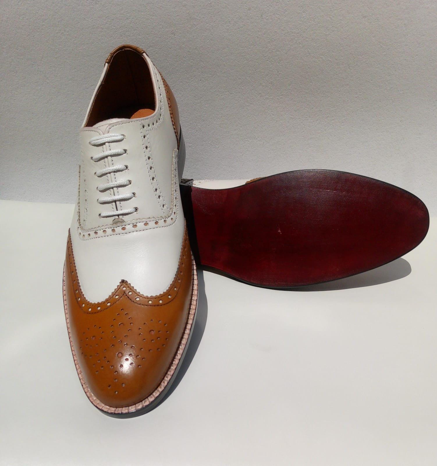 il_fullxfull.7482541203_sex7.jpg Handmade Leather Shoes Men Two Tone Spectator Tan & White Wingtip Brogue Oxford Leather Dress Custom Wedding Shoes - Image 1