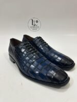 Handmade Leather Shoes Men’s Navy Croc Embossed Leather Lace Up Wholecut Dress Shoes & Luxury Formal Footwear