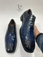Handmade Leather Shoes Men’s Navy Croc Embossed Leather Lace Up Wholecut Dress Shoes & Luxury Formal Footwear - Image 10