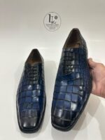 Handmade Leather Shoes Men’s Navy Croc Embossed Leather Lace Up Wholecut Dress Shoes & Luxury Formal Footwear - Image 9