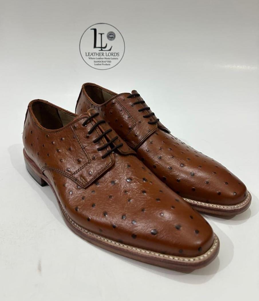 il_fullxfull.7518760242_30px.jpg Handmade Leather Shoes Men’s Handmade Brown Ostrich Leather Texture Formal Lace Up Dress & Office Shoes - Image 1