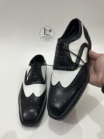 Handmade Leather Shoes Mens Black and White Spectator Wingtip Oxfords Men's Dress Shoes - Image 5