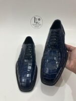 Handmade Leather Shoes Mens Blue Alligator Embossed Oxford Leather Shoes Textured Luxury Boots - Image 8