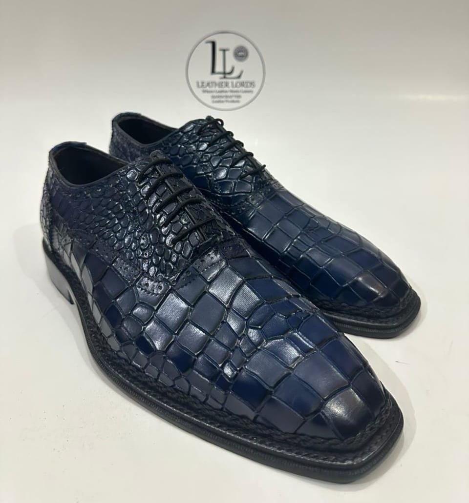 il_fullxfull.7524703979_bjbj.jpg Handmade Leather Shoes Mens Blue Alligator Embossed Oxford Leather Shoes Textured Luxury Boots - Image 1