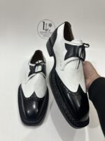 Handmade Leather Shoes Men Handmade Norwegian Welted Wingtip Men's Dress Shoes Black & White Part Shoes - Image 8