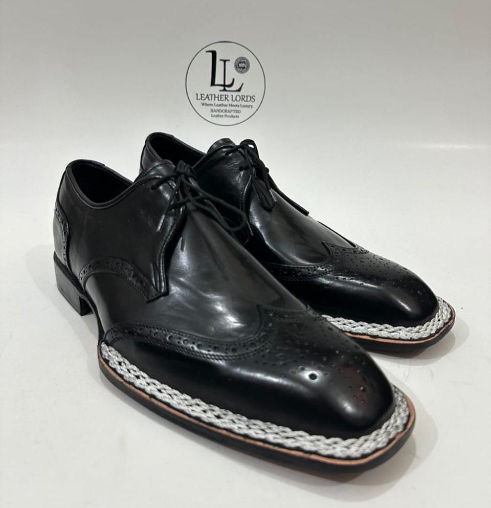 il_fullxfull.7536303246_2ump.jpg Handmade Leather Shoes Men Handmade Black Leather Brogue Toe Derby Shoes Genuine Leather Formal Goodyear Welted Boots - Image 1