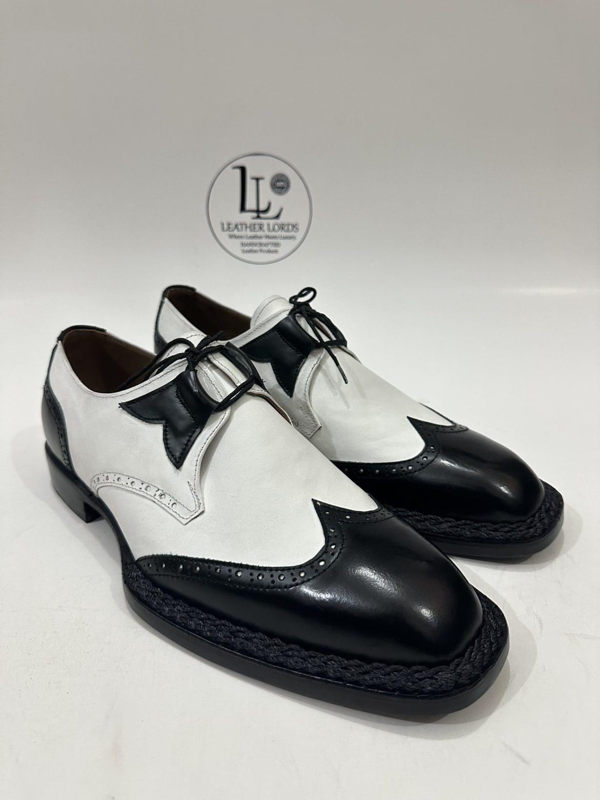 il_fullxfull.7573893311_agfh.jpg Handmade Leather Shoes Men Handmade Norwegian Welted Wingtip Men's Dress Shoes Black & White Part Shoes - Image 1