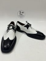 Handmade Leather Shoes Men Handmade Norwegian Welted Wingtip Men's Dress Shoes Black & White Part Shoes - Image 5