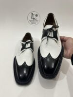Handmade Leather Shoes Men Handmade Norwegian Welted Wingtip Men's Dress Shoes Black & White Part Shoes - Image 6