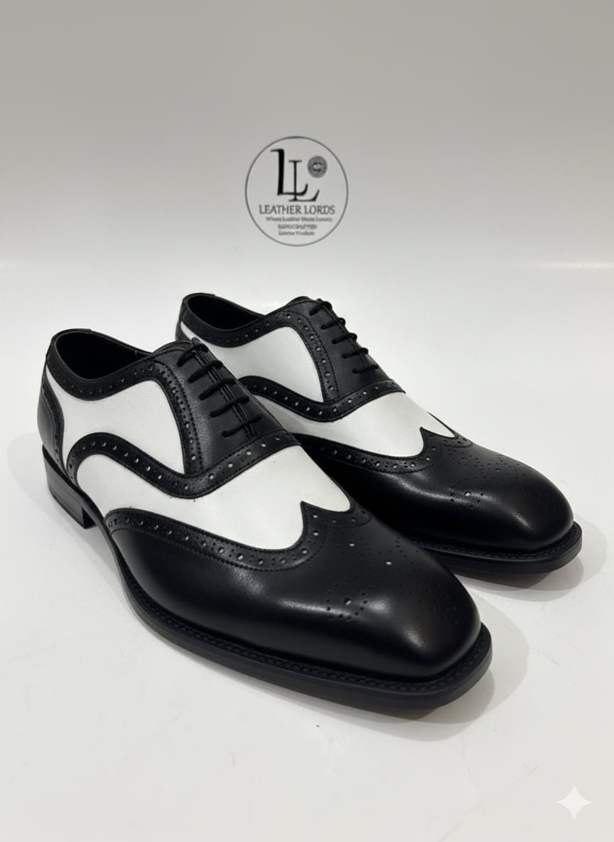il_fullxfull.7602752041_cjqc.jpg Handmade Leather Shoes Mens Black and White Spectator Wingtip Oxfords Men's Dress Shoes - Image 1