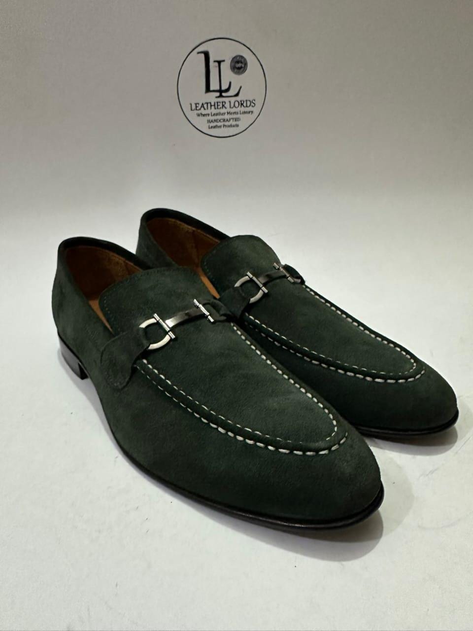 il_fullxfull.7664850508_sz2x.jpg Handmade Forest Green Suede Loafers for Men, Genuine Leather Sole Bit Loafers, Luxury Slip-On Dress Handcrafted Shoes - Image 1