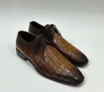 Handmade Leather Shoes Mens Brown Derby Lace Up Dress Shoes Crocodile Embossed Leather Formal Shoes