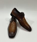 Handmade Leather Shoes Mens Brown Derby Lace Up Dress Shoes Crocodile Embossed Leather Formal Shoes - Image 2