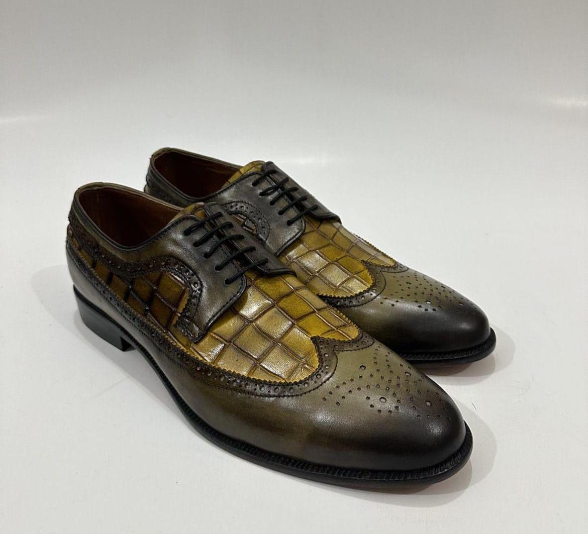 il_fullxfull.7847107349_k2di.jpg Handmade Leather Oxford Shoes Men Green Wingtip Brogue Dress Shoes Crocodile Embossed Leather Formal Shoes - Image 1