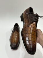 Handmade Leather Shoes Mens Brown Derby Lace Up Dress Shoes Crocodile Embossed Leather Formal Shoes - Image 8