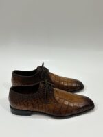 Handmade Leather Shoes Mens Brown Derby Lace Up Dress Shoes Crocodile Embossed Leather Formal Shoes - Image 4