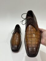 Handmade Leather Shoes Mens Brown Derby Lace Up Dress Shoes Crocodile Embossed Leather Formal Shoes - Image 6