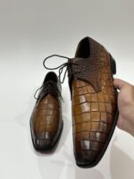 Handmade Leather Shoes Mens Brown Derby Lace Up Dress Shoes Crocodile Embossed Leather Formal Shoes - Image 7